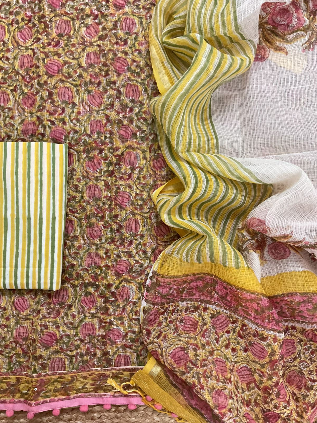 Pure Fine Kota Cotton Block Printed Embroidered Suit - Yellow