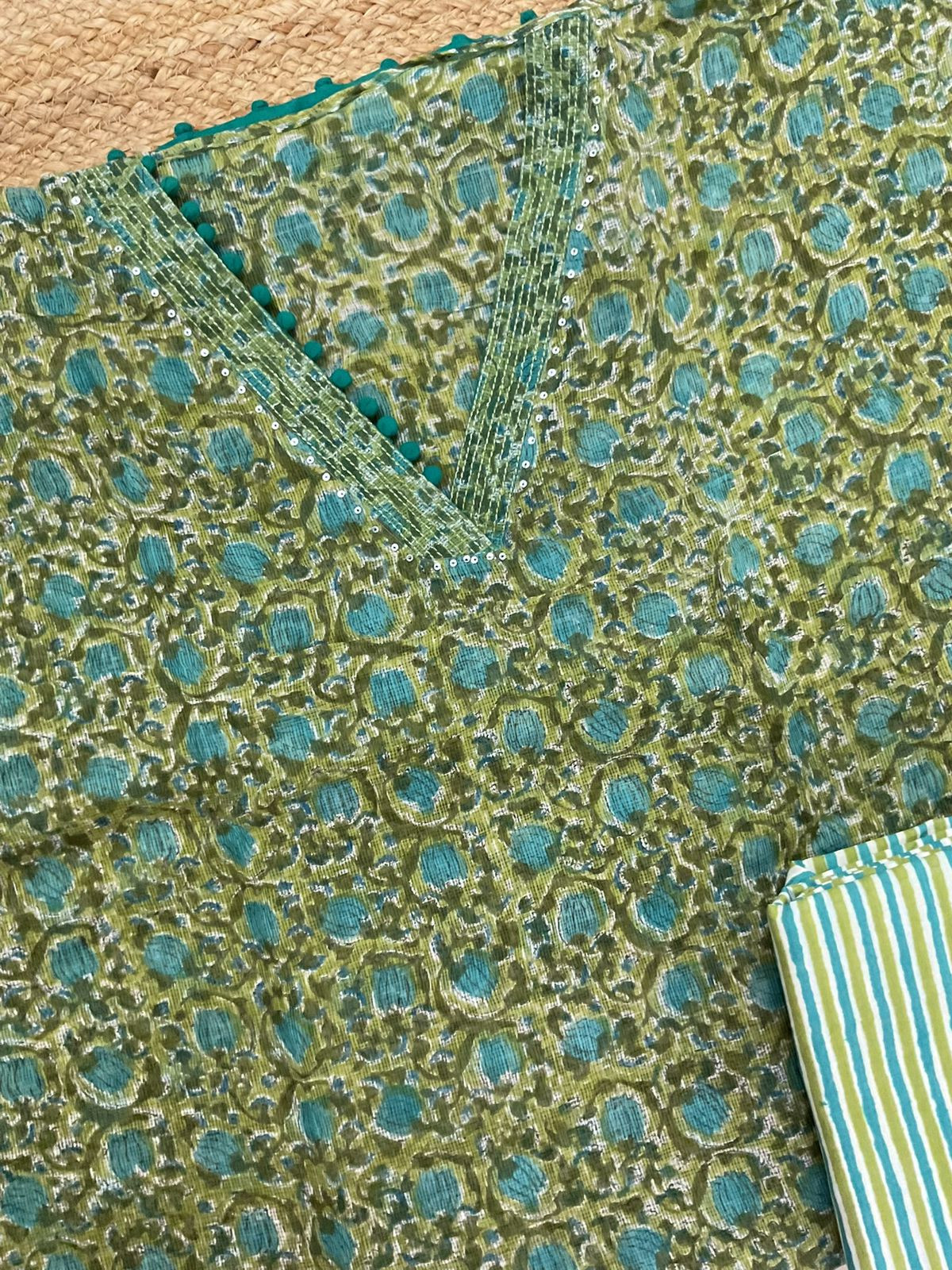 Pure Fine Kota Cotton Block Printed Embroidered Suit - Green
