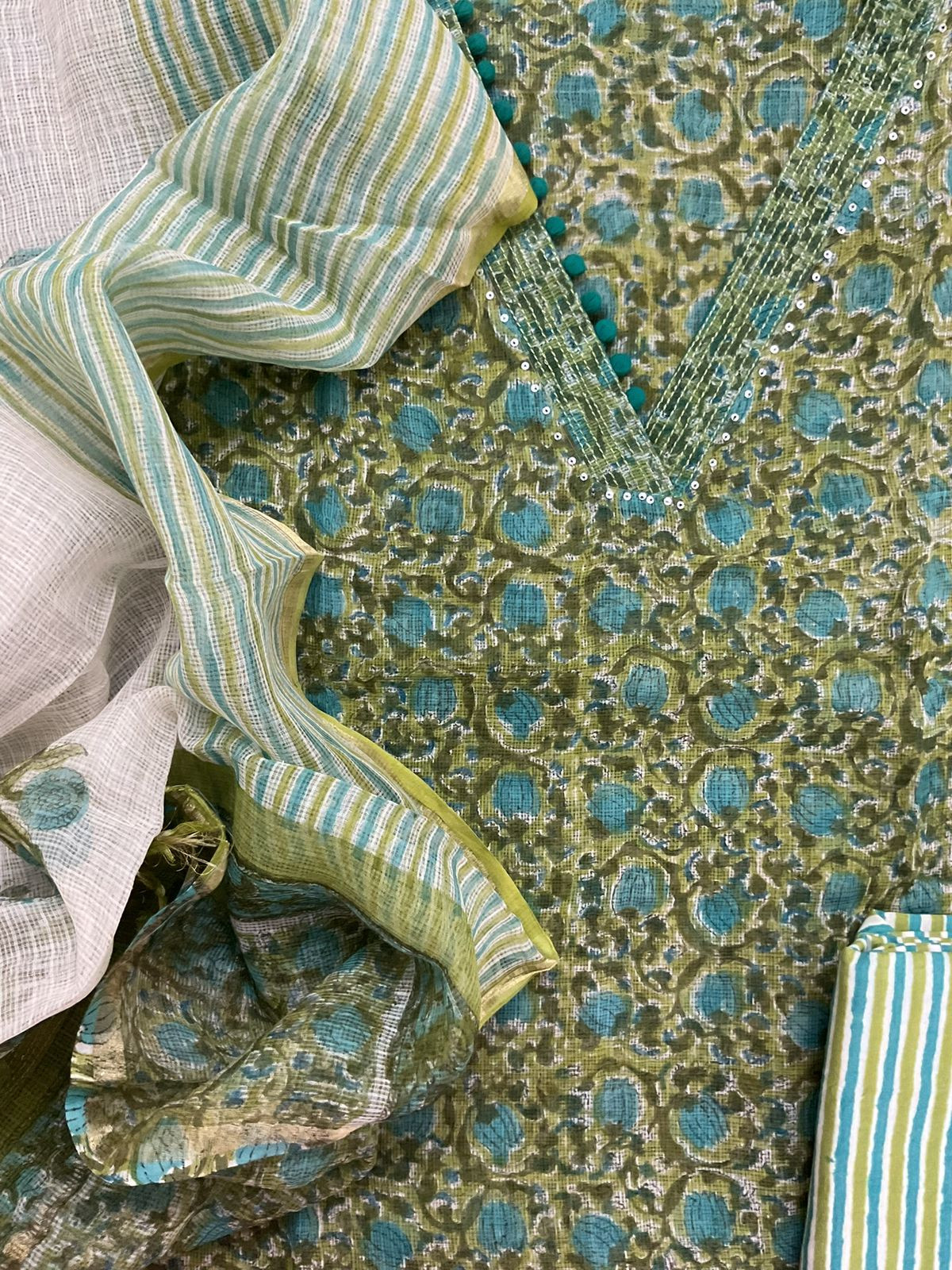 Pure Fine Kota Cotton Block Printed Embroidered Suit - Green