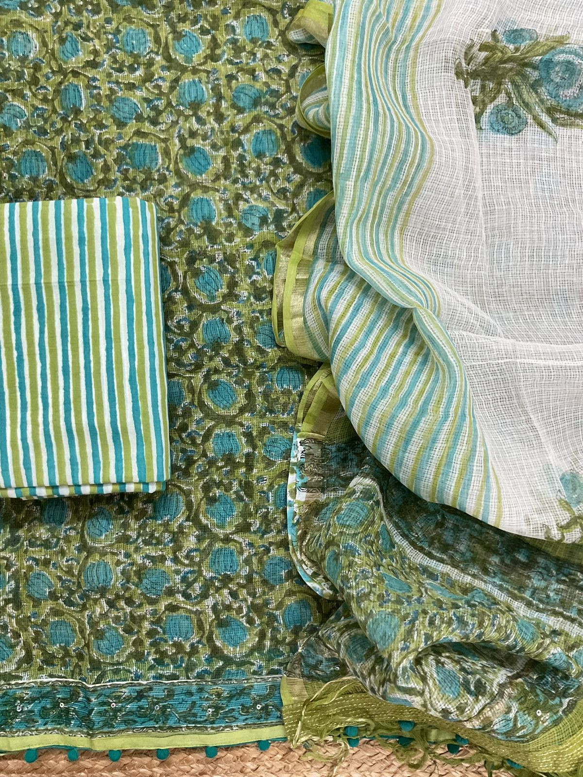 Pure Fine Kota Cotton Block Printed Embroidered Suit - Green
