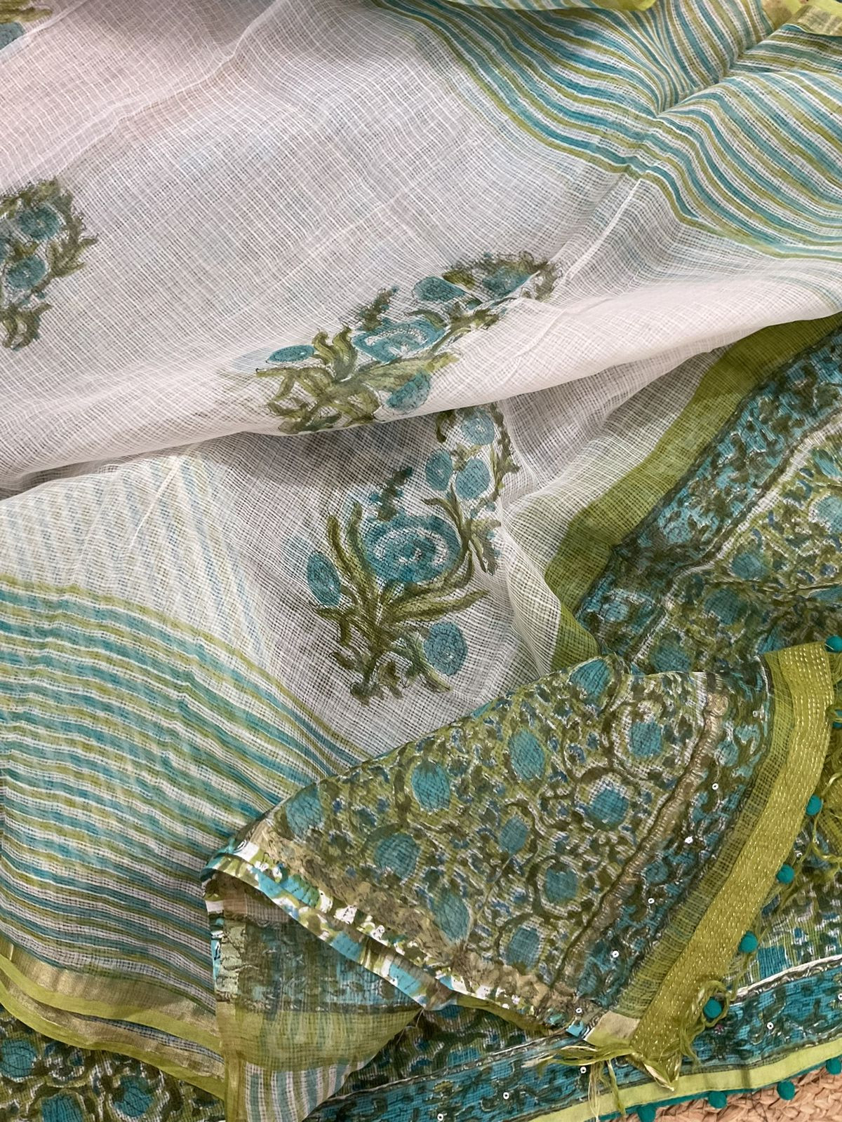 Pure Fine Kota Cotton Block Printed Embroidered Suit - Green