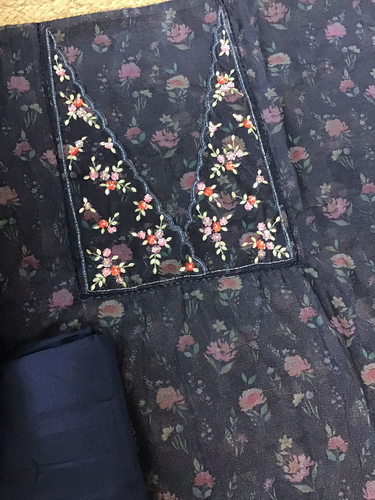 Soft Tissue Organza Printed Embroidered Suit - Blue