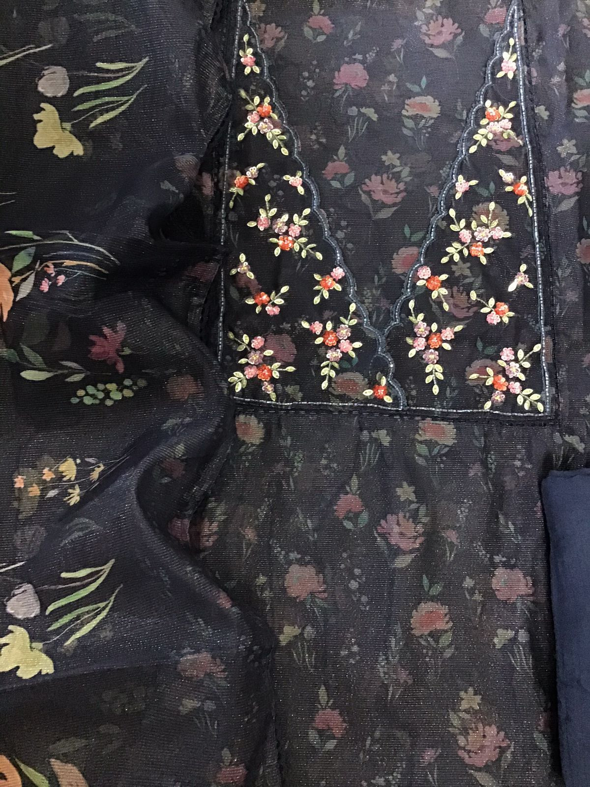 Soft Tissue Organza Printed Embroidered Suit - Blue