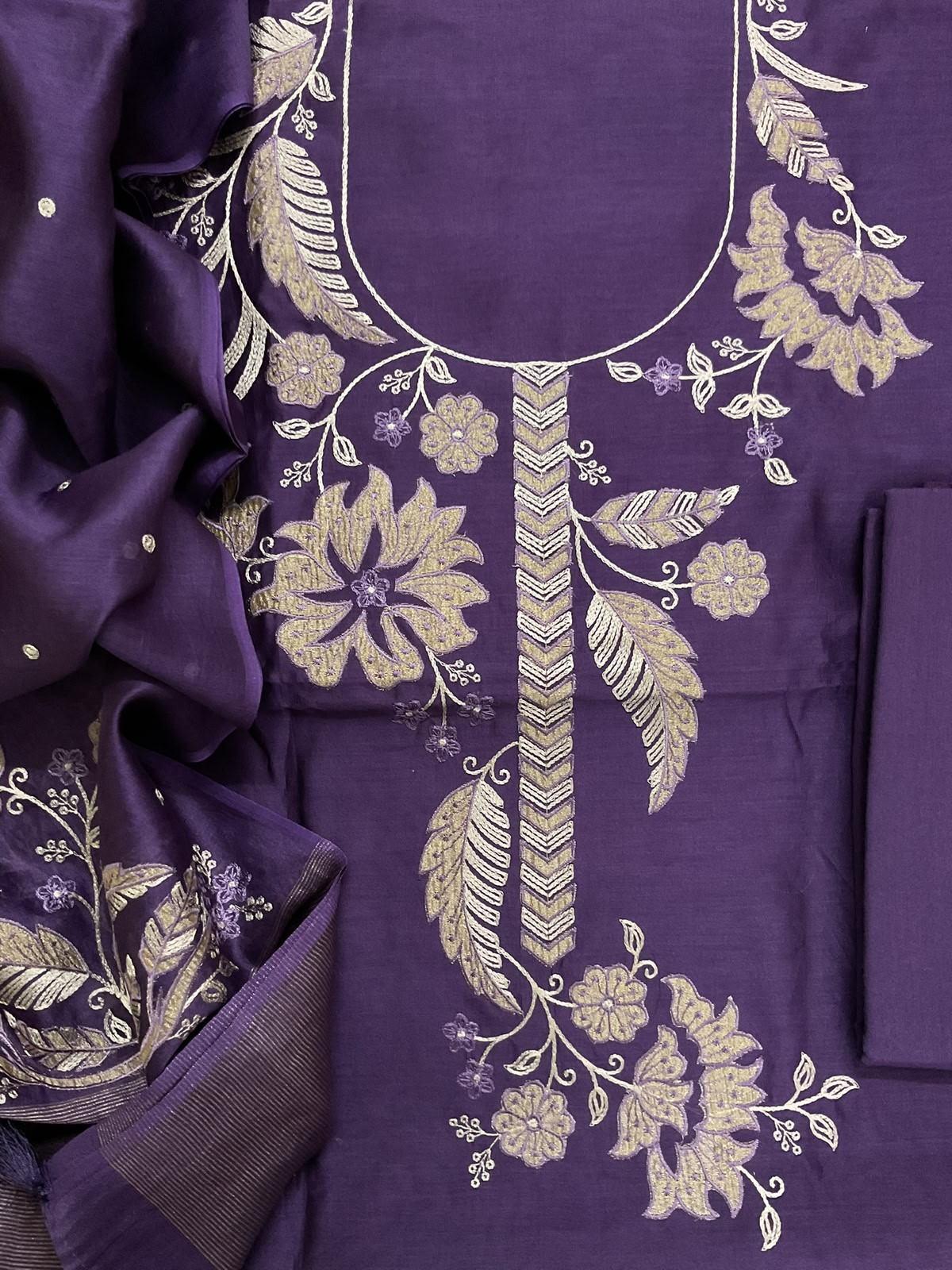 Pure Mul Chanderi Embroidered Suit - Violet