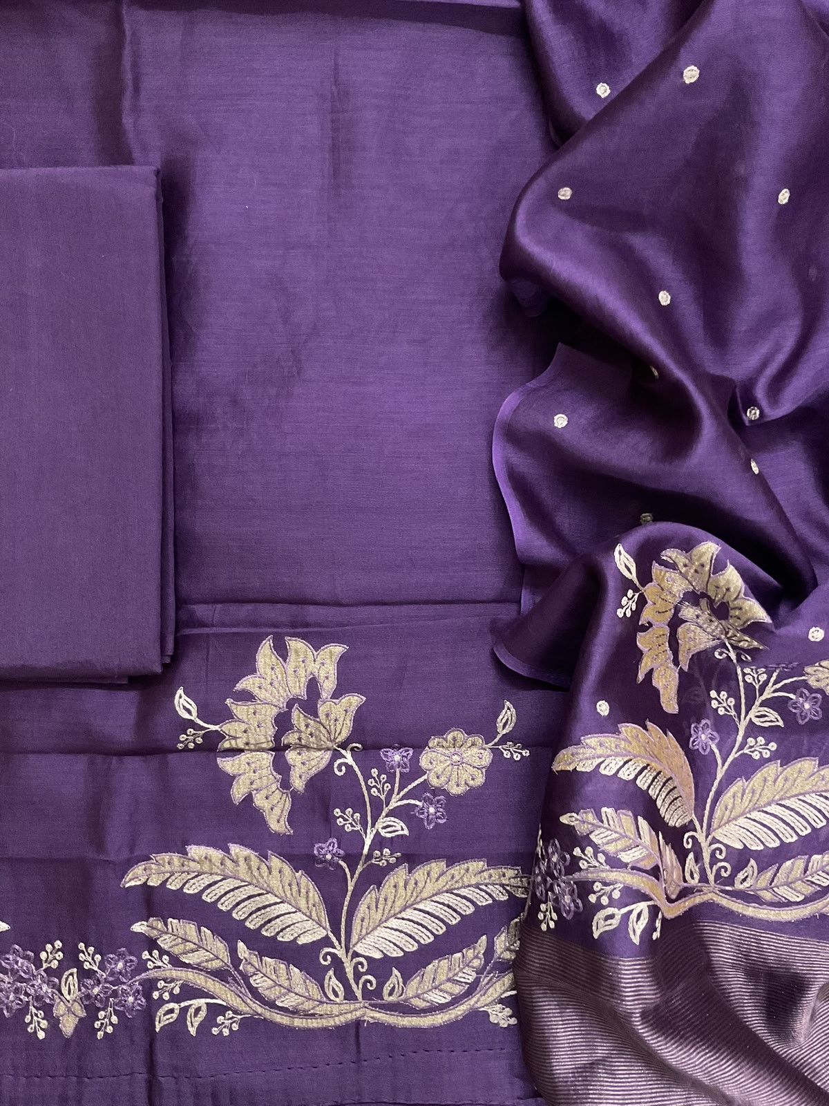 Pure Mul Chanderi Embroidered Suit - Violet