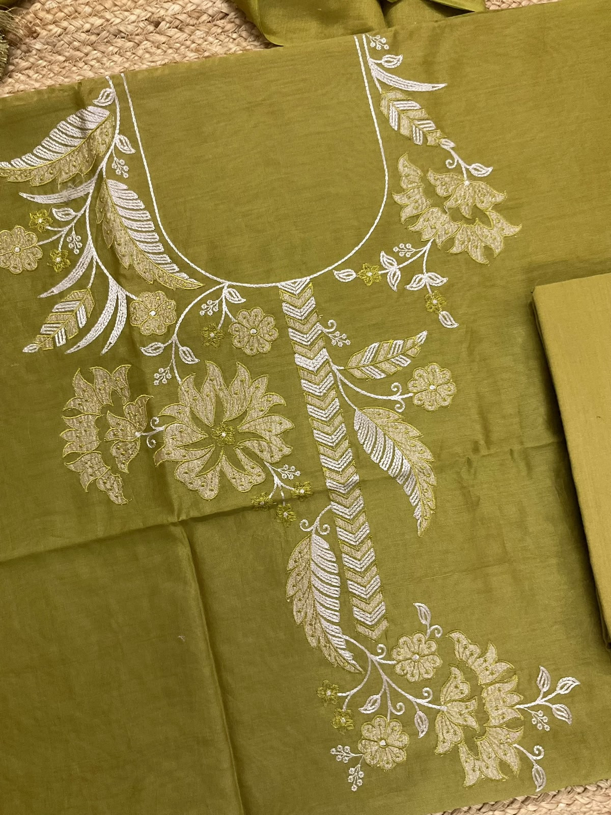Pure Mul Chanderi Embroidered Suit - Mehandi Green