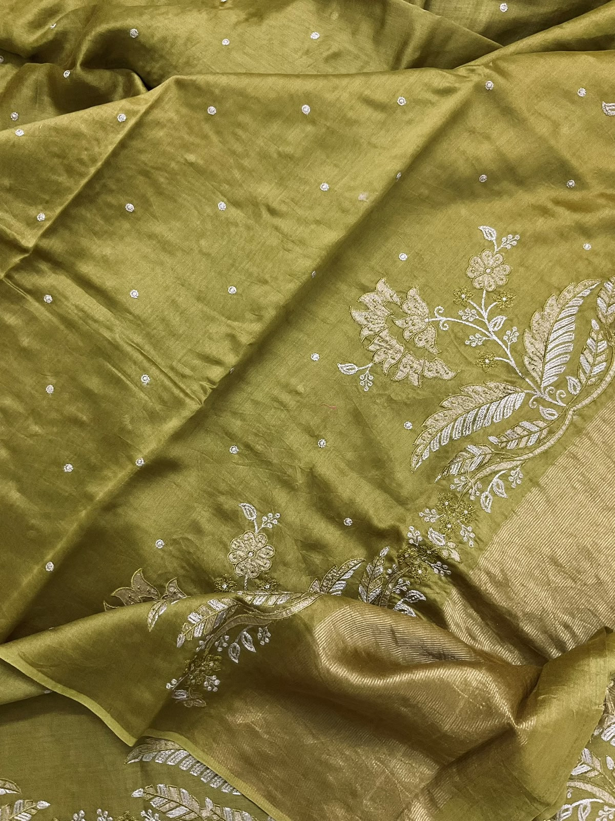 Pure Mul Chanderi Embroidered Suit - Mehandi Green