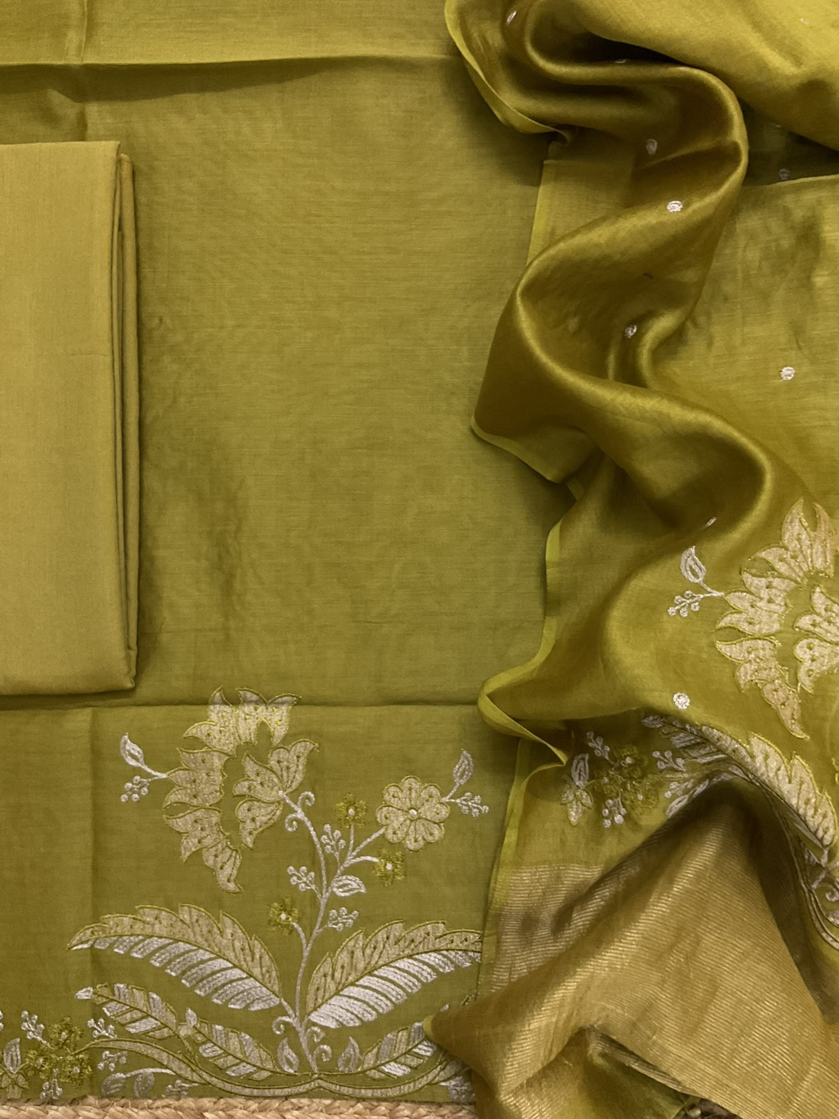 Pure Mul Chanderi Embroidered Suit - Mehandi Green