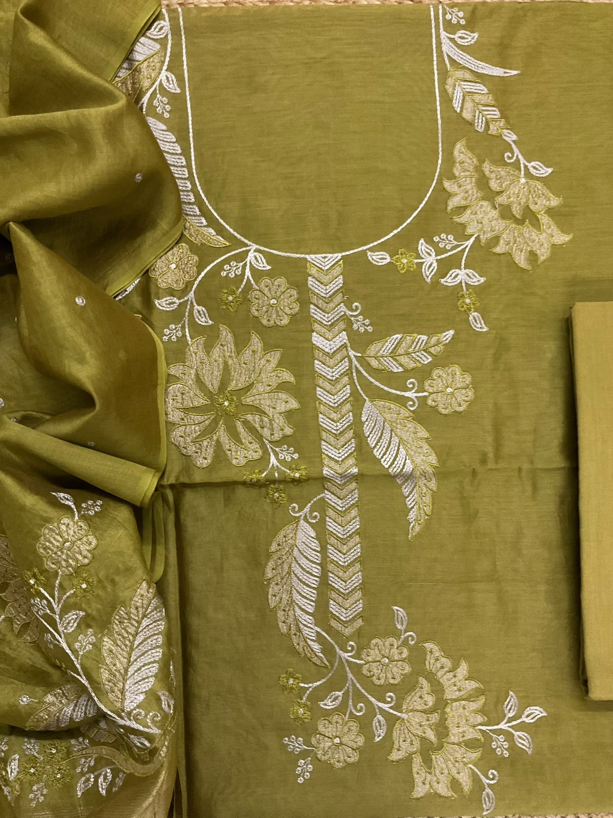 Pure Mul Chanderi Embroidered Suit - Mehandi Green