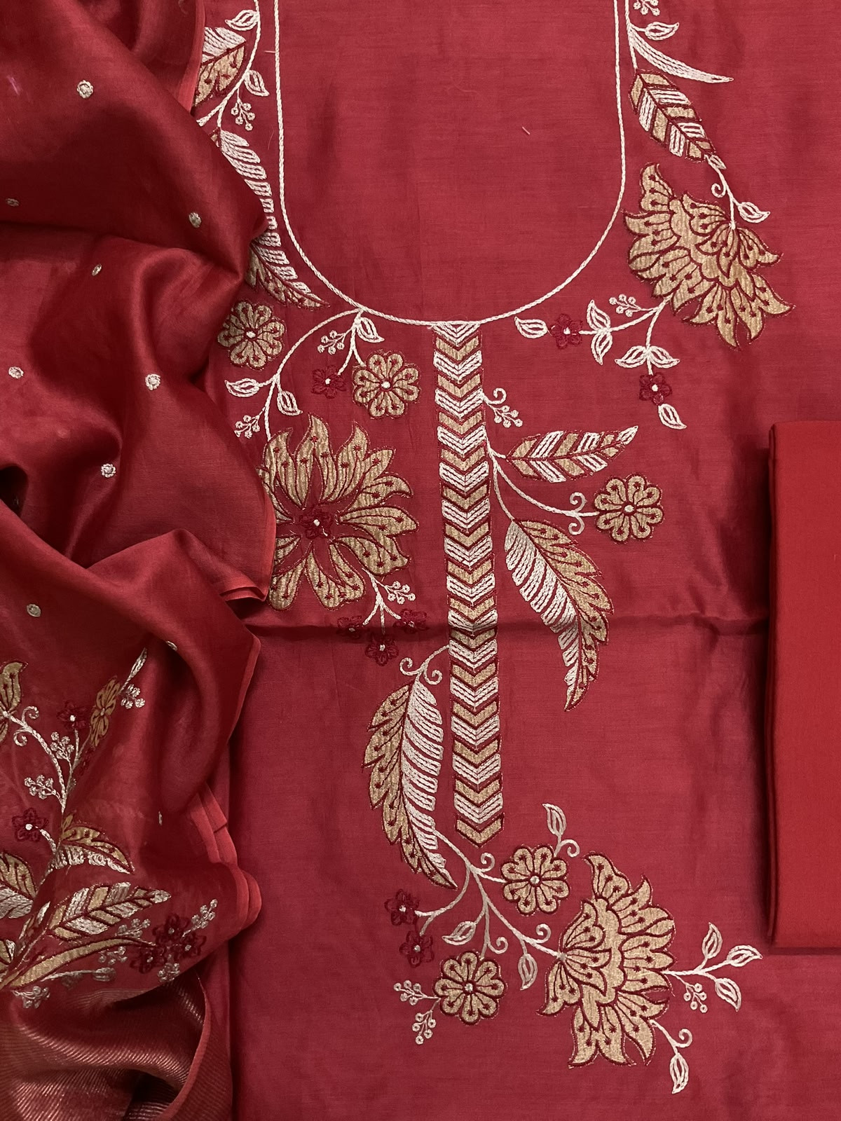 Pure Mul Chanderi Embroidered Suit - Dark Red