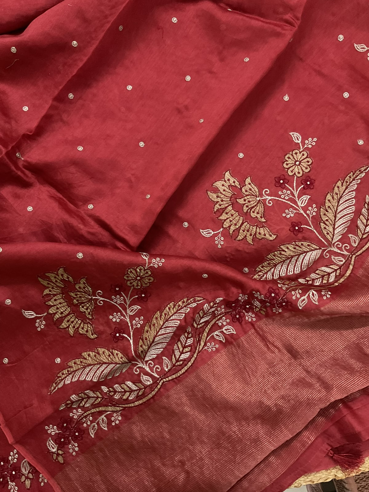 Pure Mul Chanderi Embroidered Suit - Dark Red