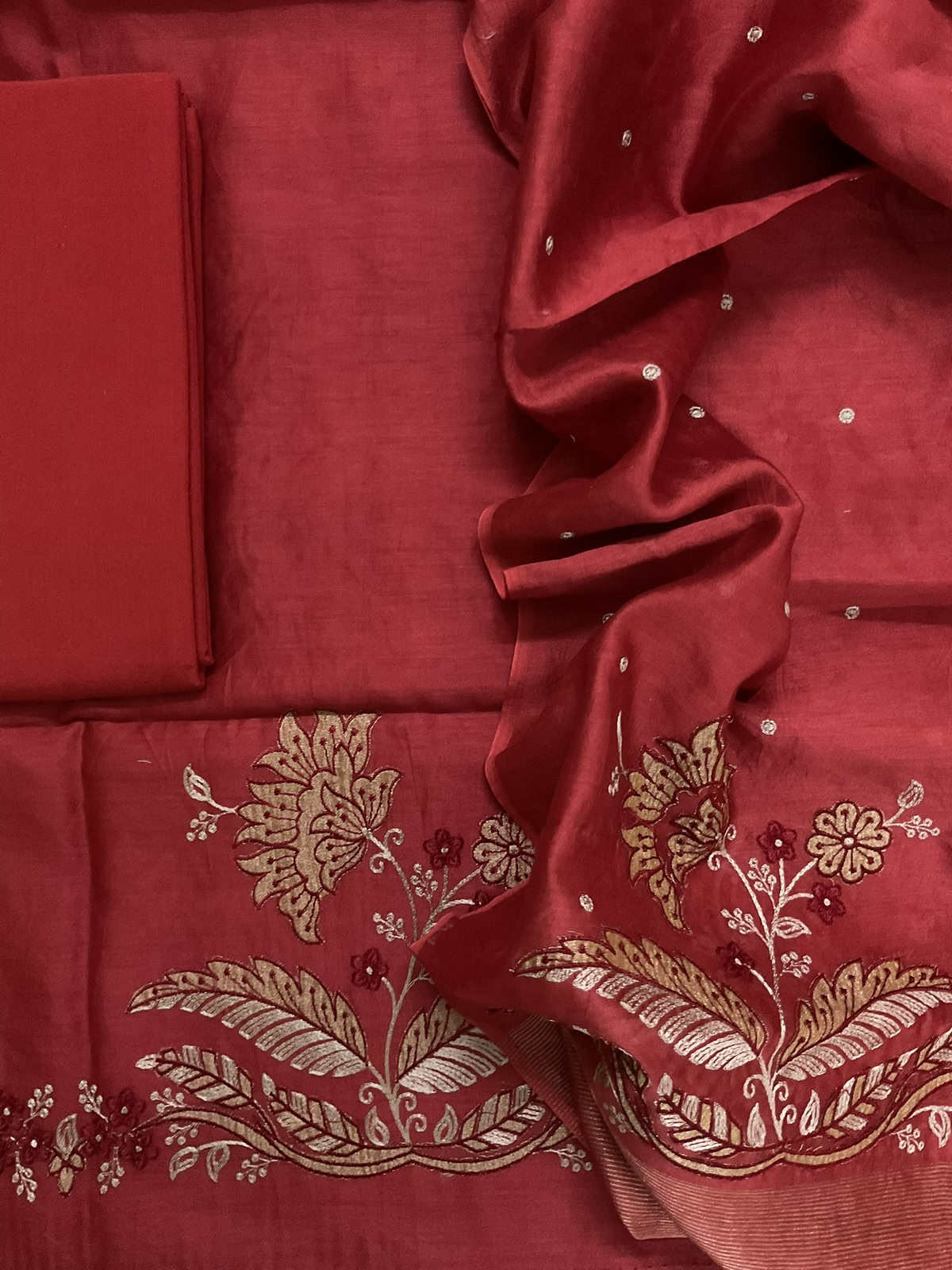 Pure Mul Chanderi Embroidered Suit - Dark Red