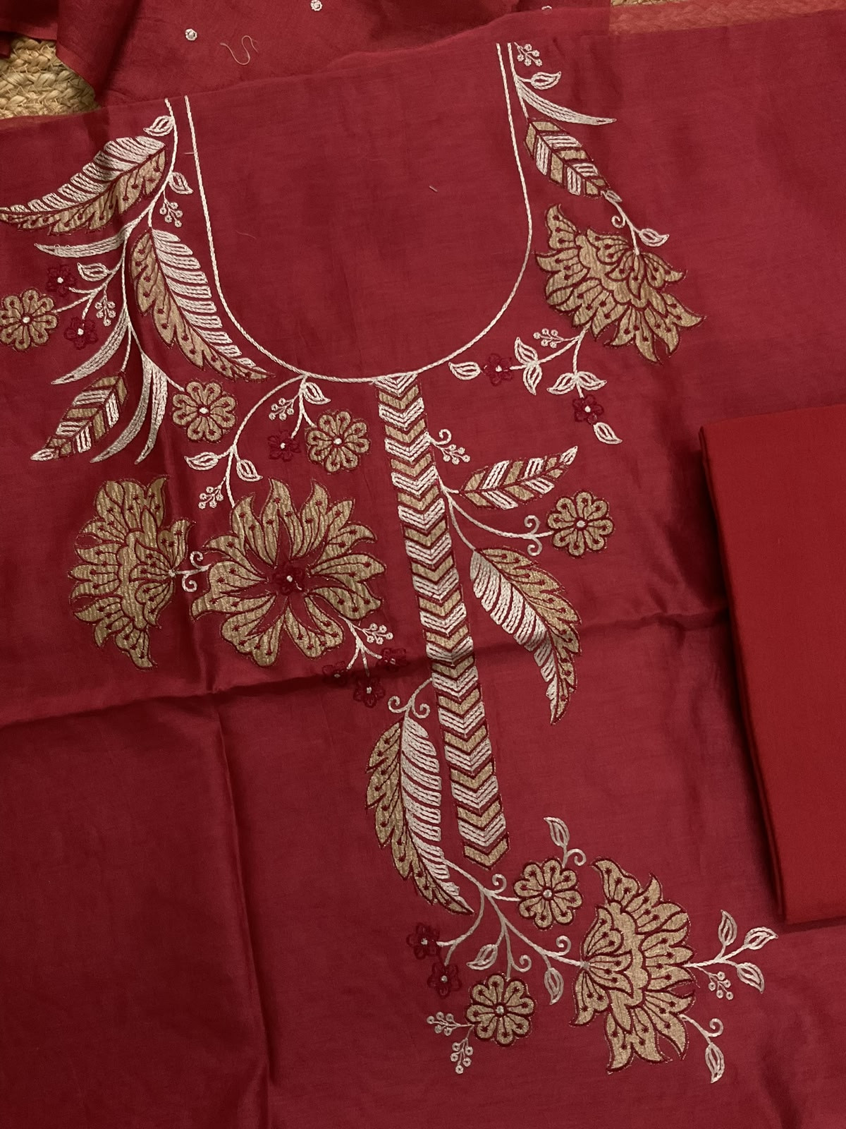 Pure Mul Chanderi Embroidered Suit - Dark Red
