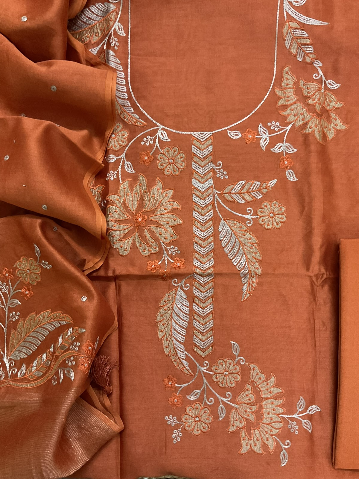 Pure Mul Chanderi Embroidered Suit - Rustic Orange