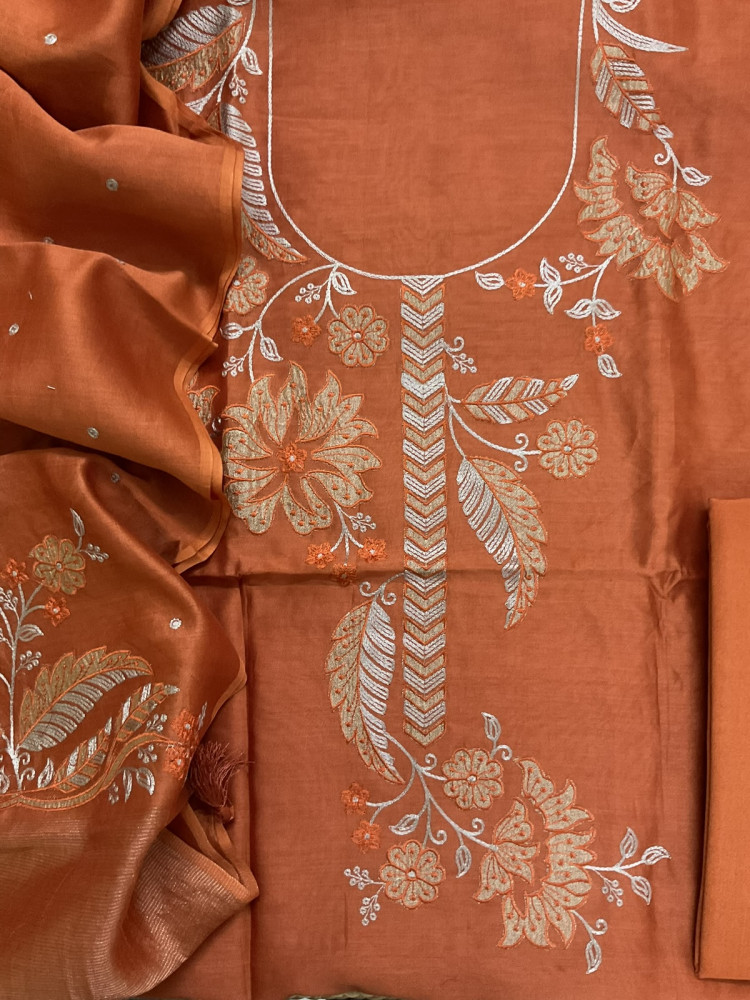 Image of Pure Mul Chanderi Embroidered Suit - Rustic Orange