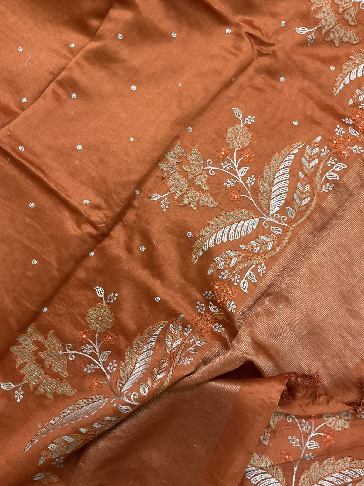Pure Mul Chanderi Embroidered Suit - Rustic Orange