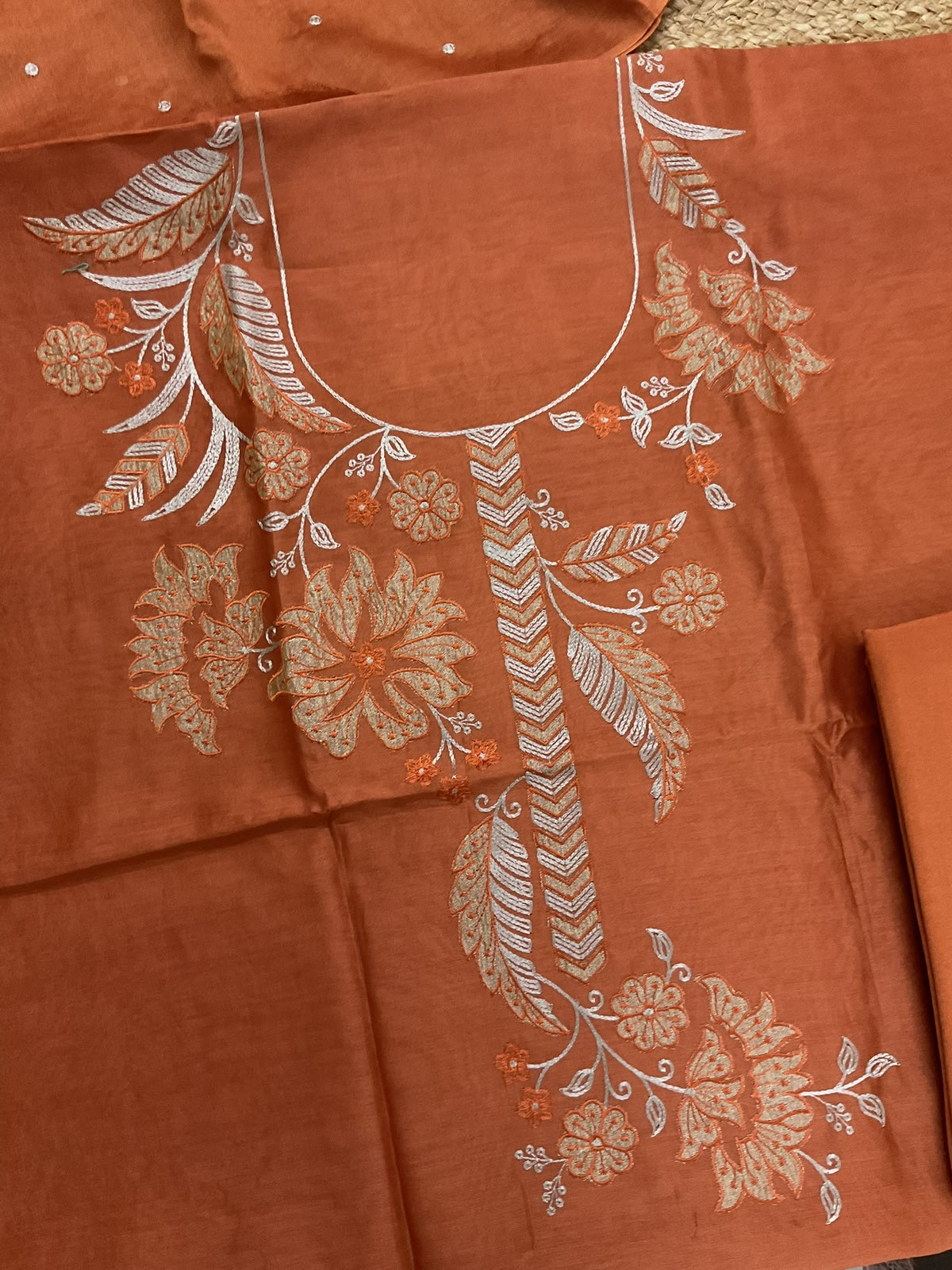 Pure Mul Chanderi Embroidered Suit - Rustic Orange