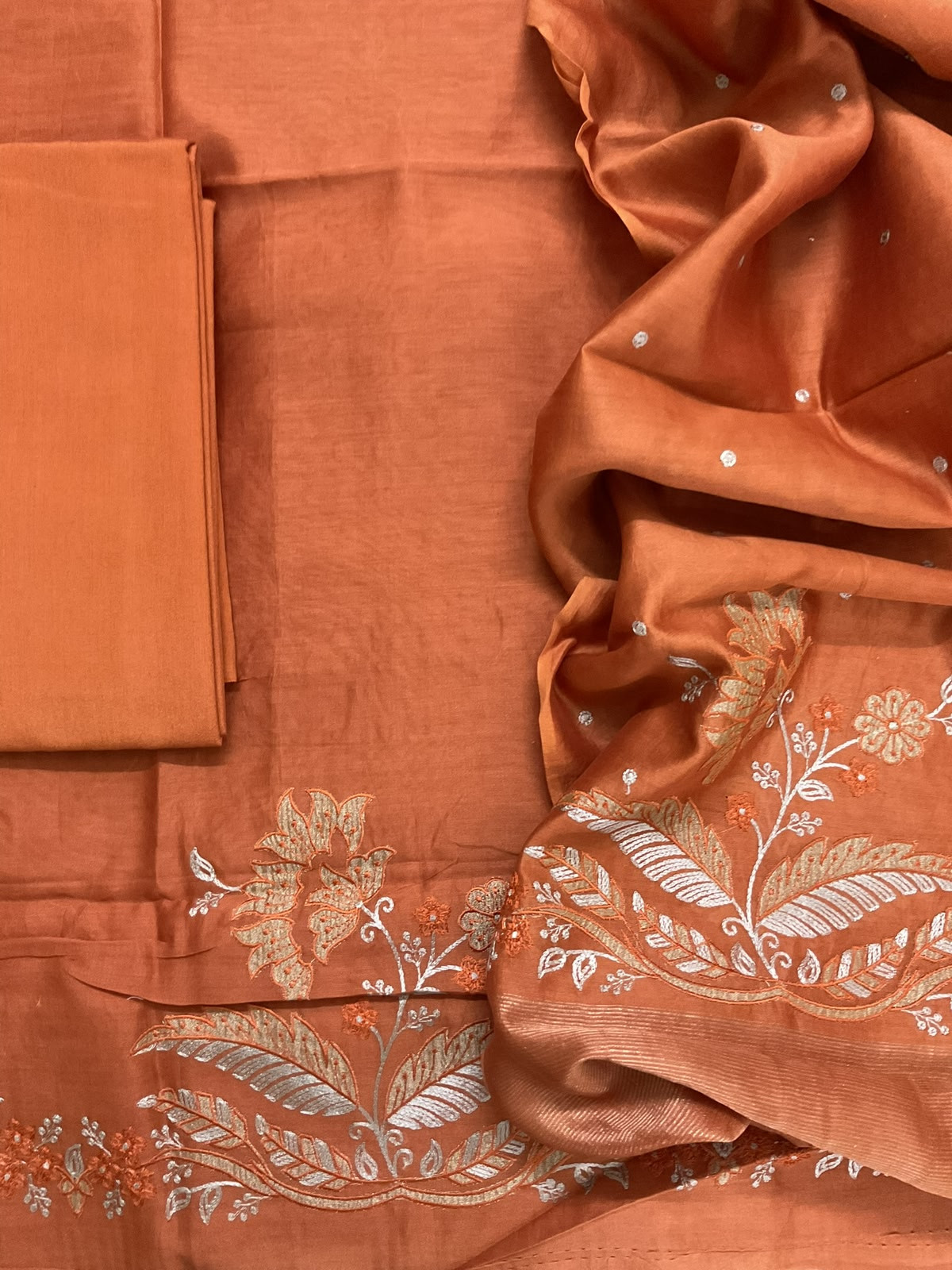 Pure Mul Chanderi Embroidered Suit - Rustic Orange