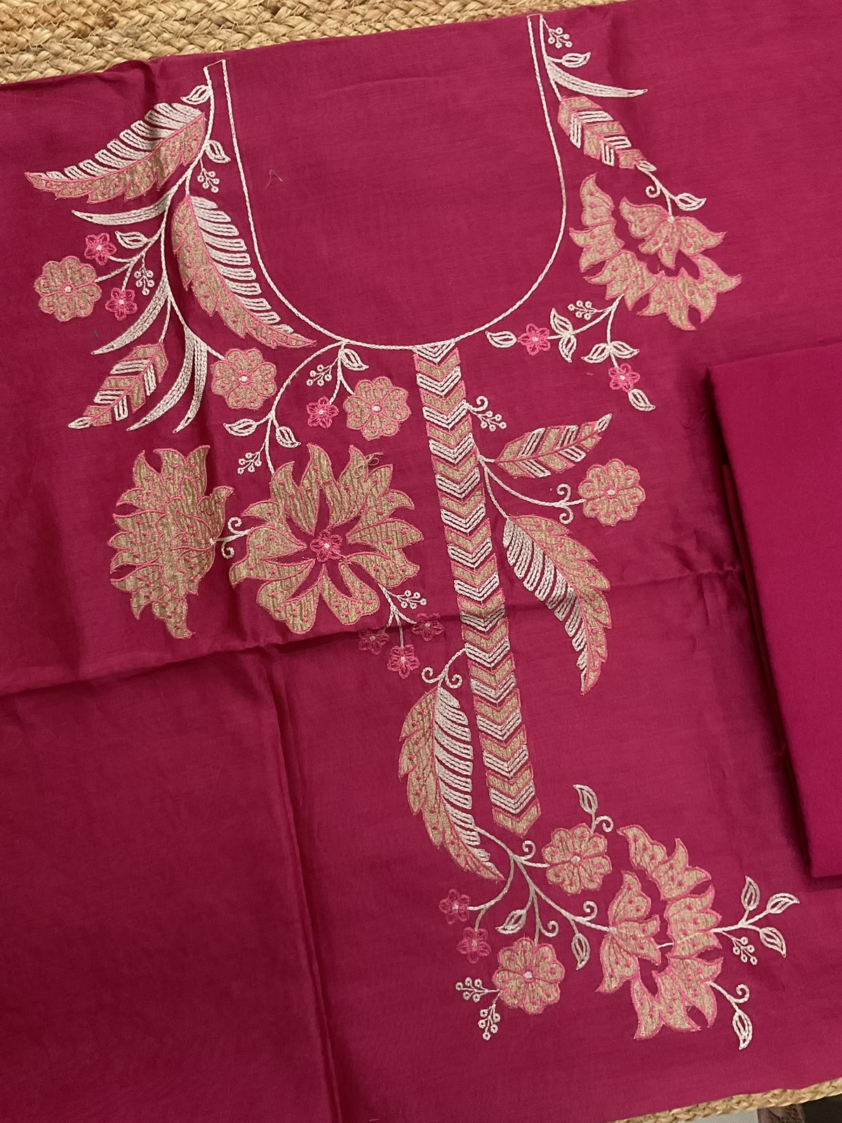Pure Mul Chanderi Embroidered Suit - Dark Pink