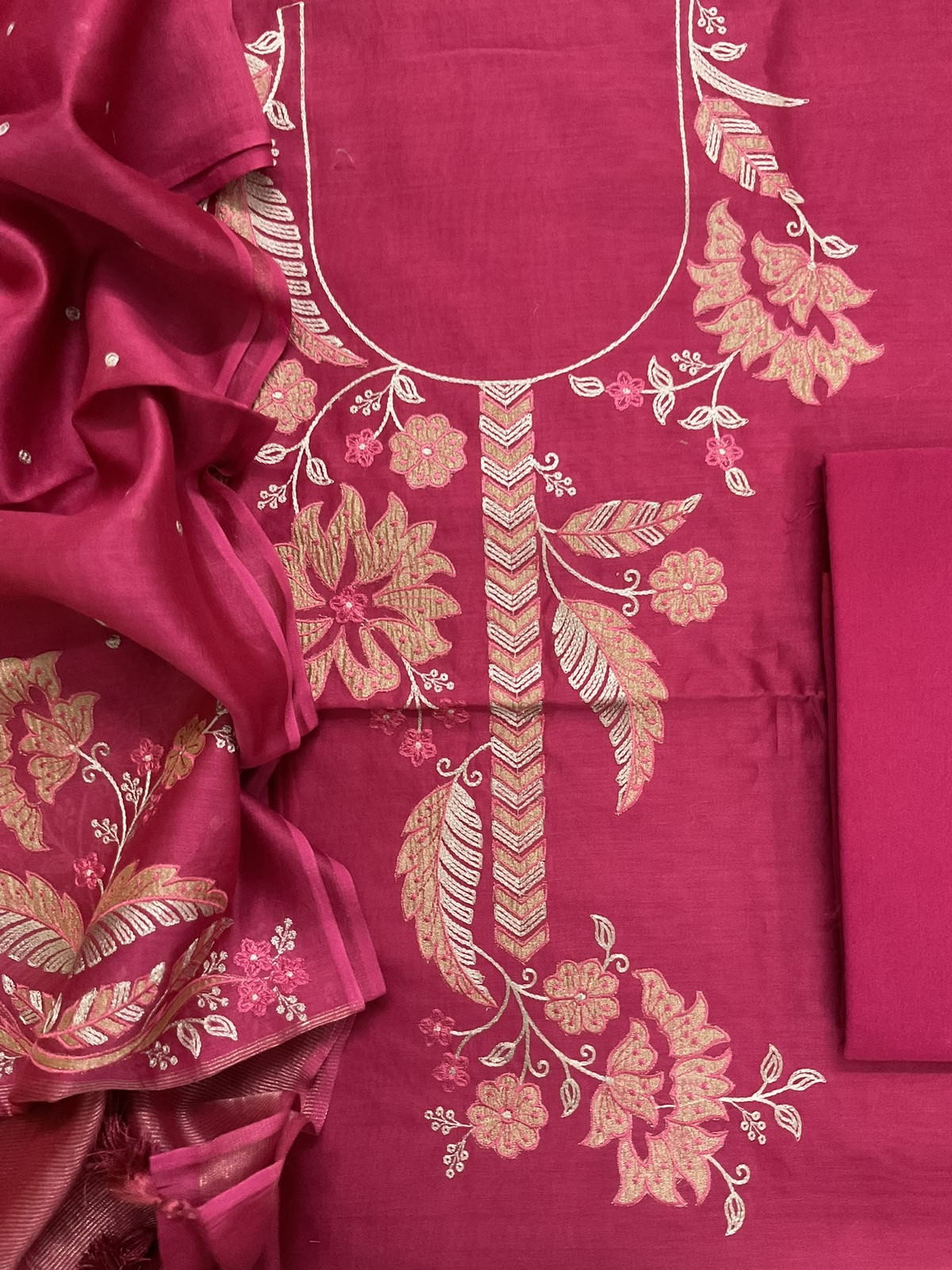 Pure Mul Chanderi Embroidered Suit - Dark Pink