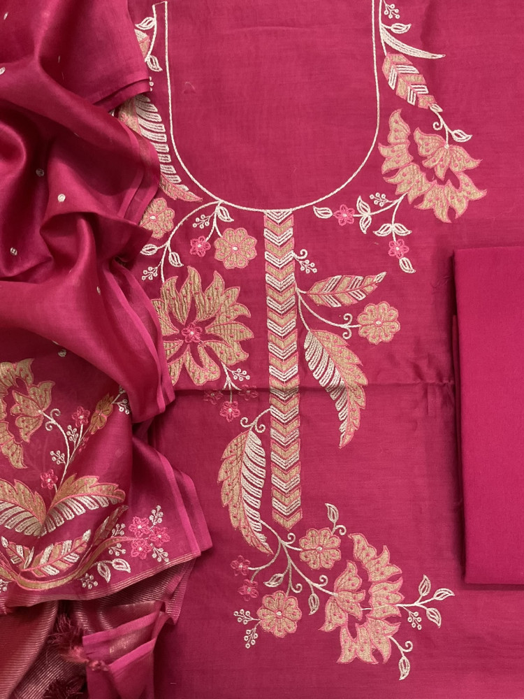 Image of Pure Mul Chanderi Embroidered Suit - Dark Pink