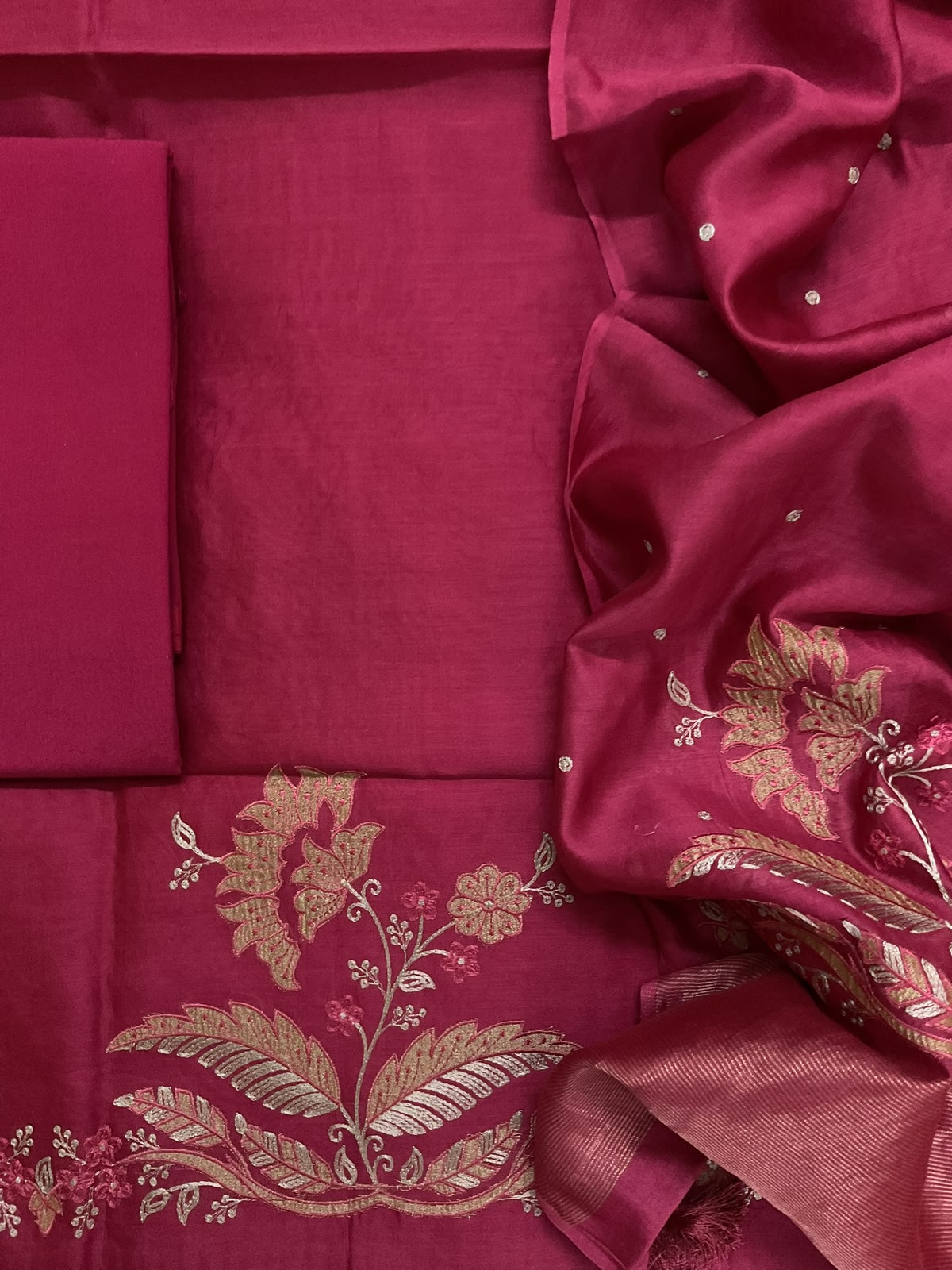 Pure Mul Chanderi Embroidered Suit - Dark Pink