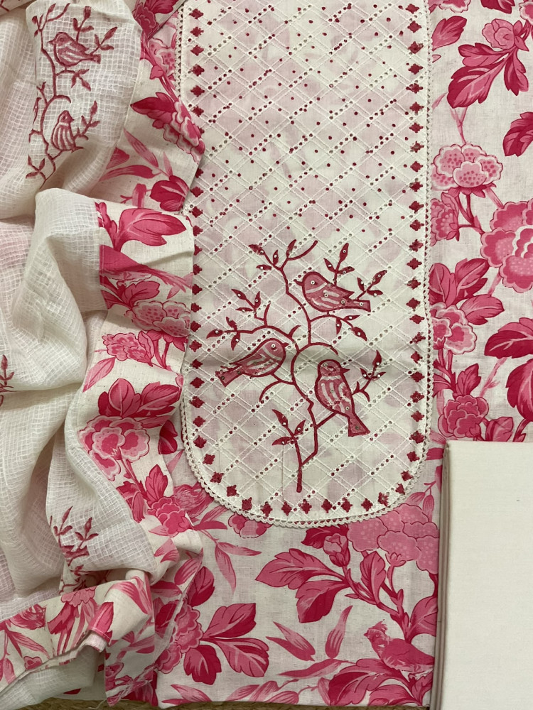 Image of Pure Khadi Cotton Printed Embroidered Suit - Pink