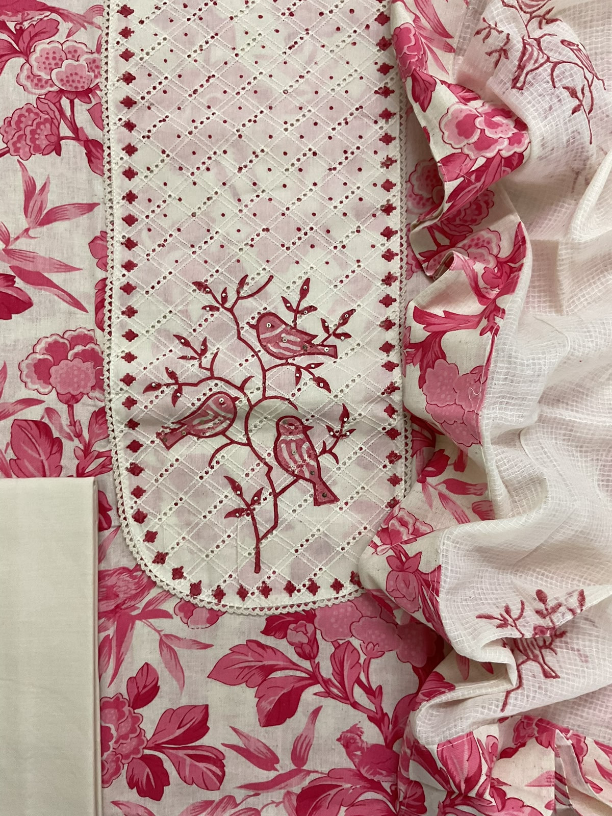 Pure Khadi Cotton Printed Embroidered Suit - Pink
