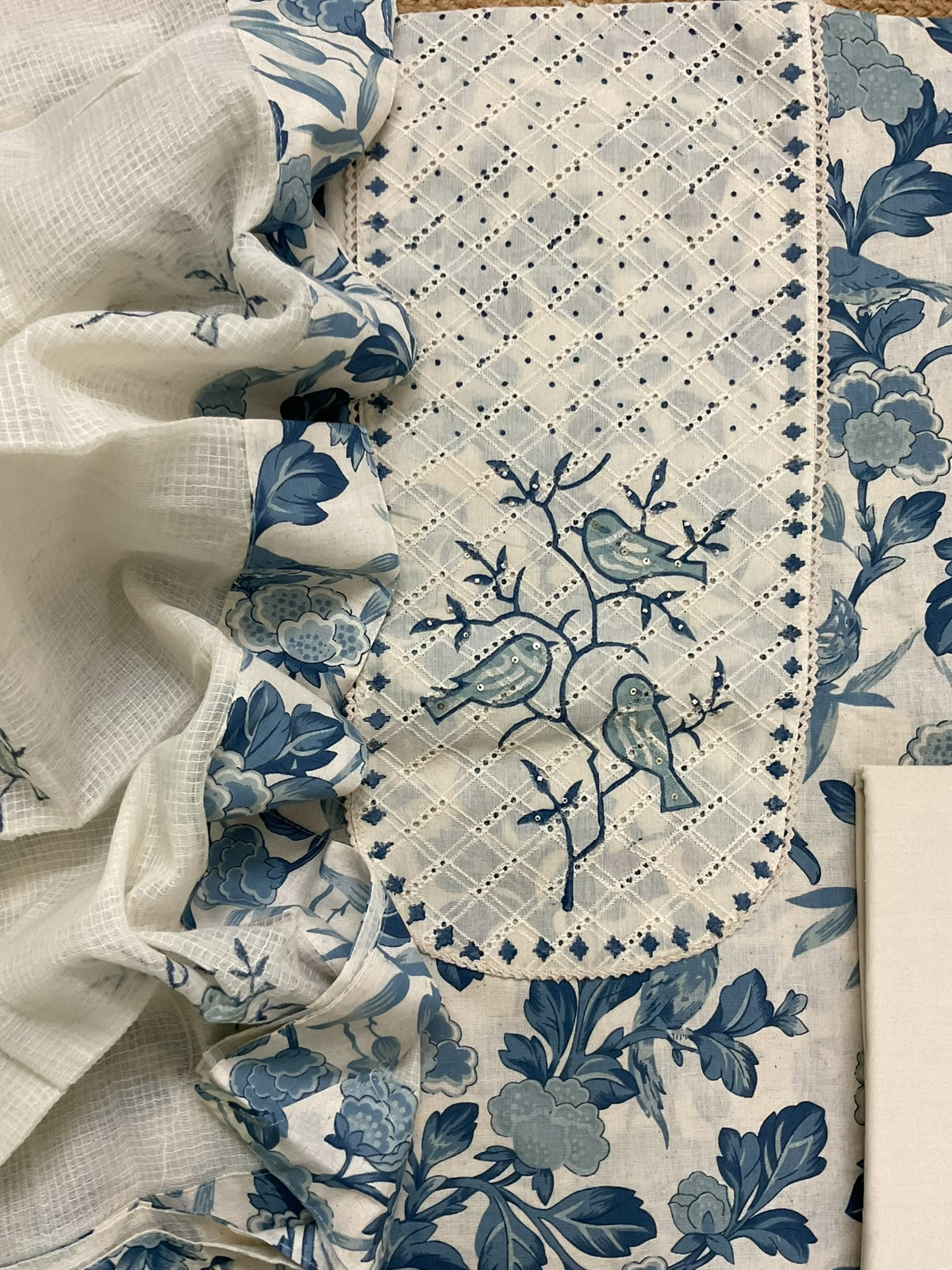 Pure Khadi Cotton Printed Embroidered Suit - Blue