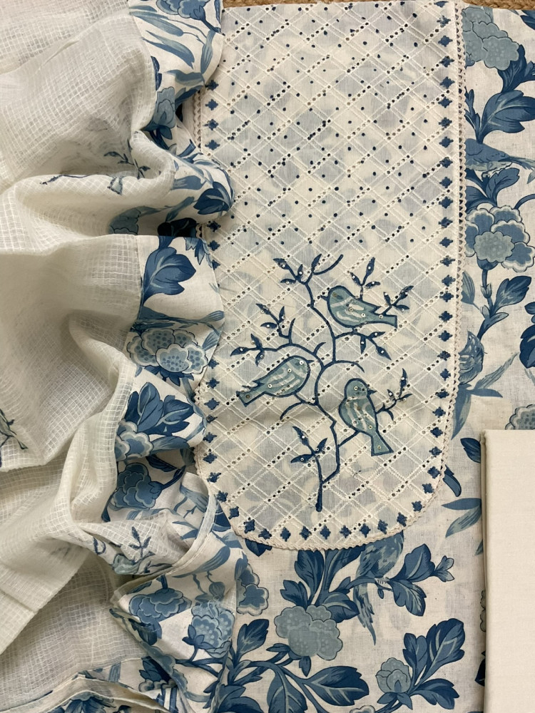 Image of Pure Khadi Cotton Printed Embroidered Suit - Blue