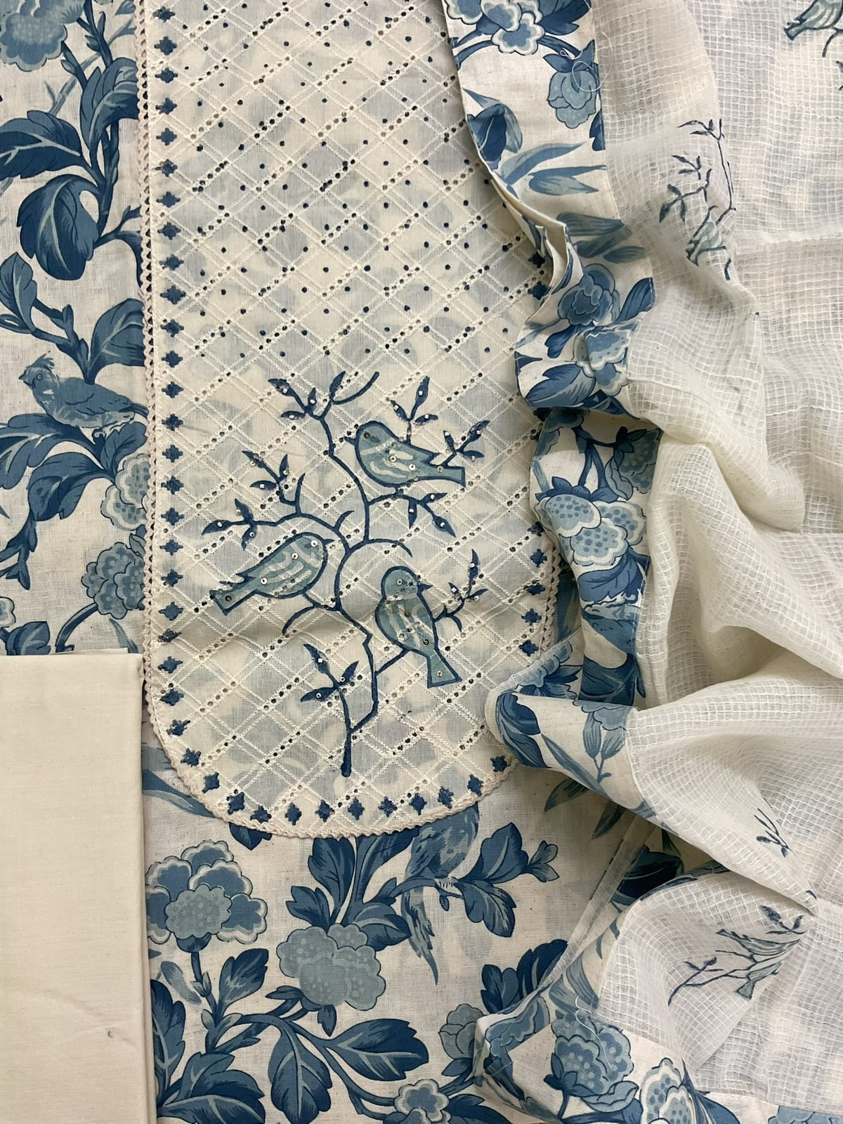 Pure Khadi Cotton Printed Embroidered Suit - Blue