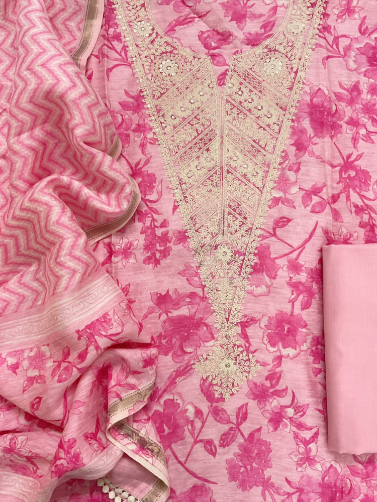 Image of Pure Linen Chanderi Printed Embroidered Suit - Pink