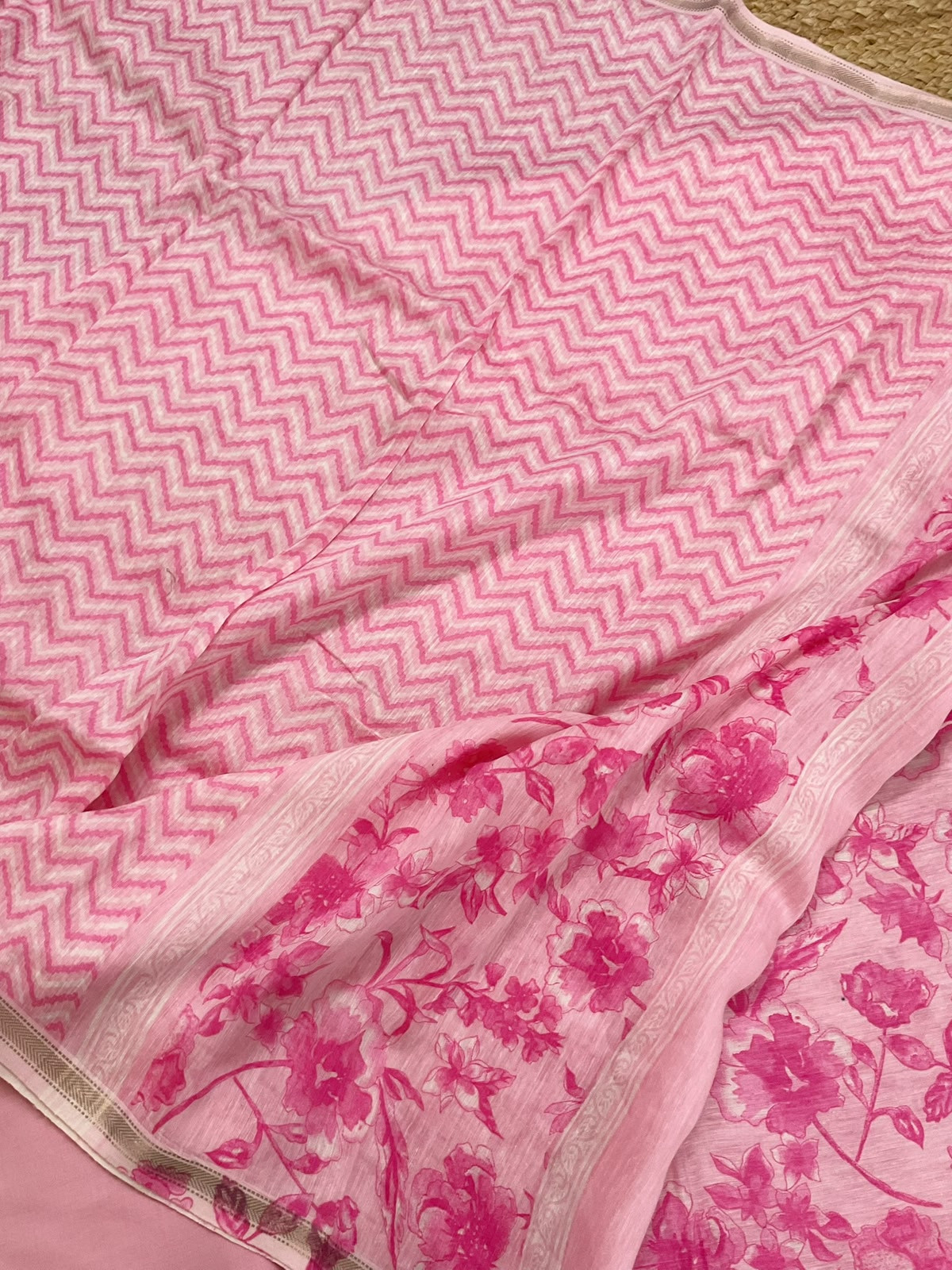 Pure Linen Chanderi Printed Embroidered Suit - Pink