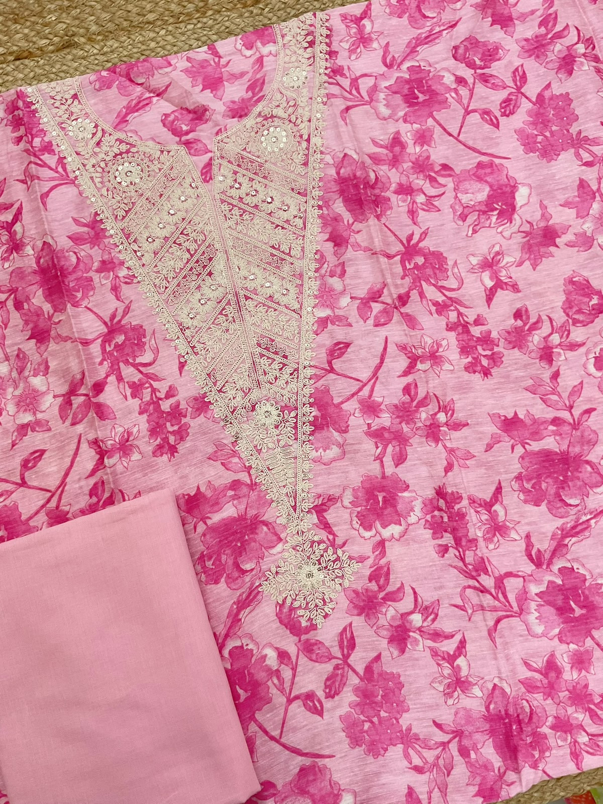 Pure Linen Chanderi Printed Embroidered Suit - Pink