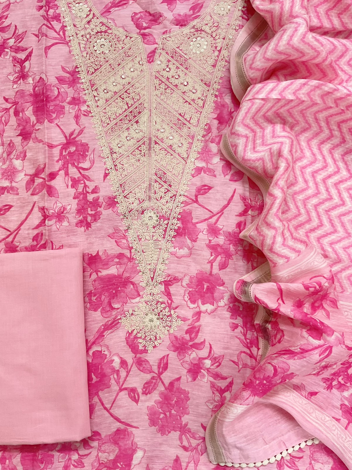 Pure Linen Chanderi Printed Embroidered Suit - Pink