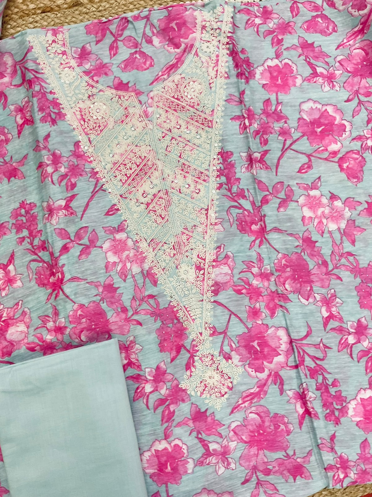Pure Linen Chanderi Printed Embroidered Suit - Blue
