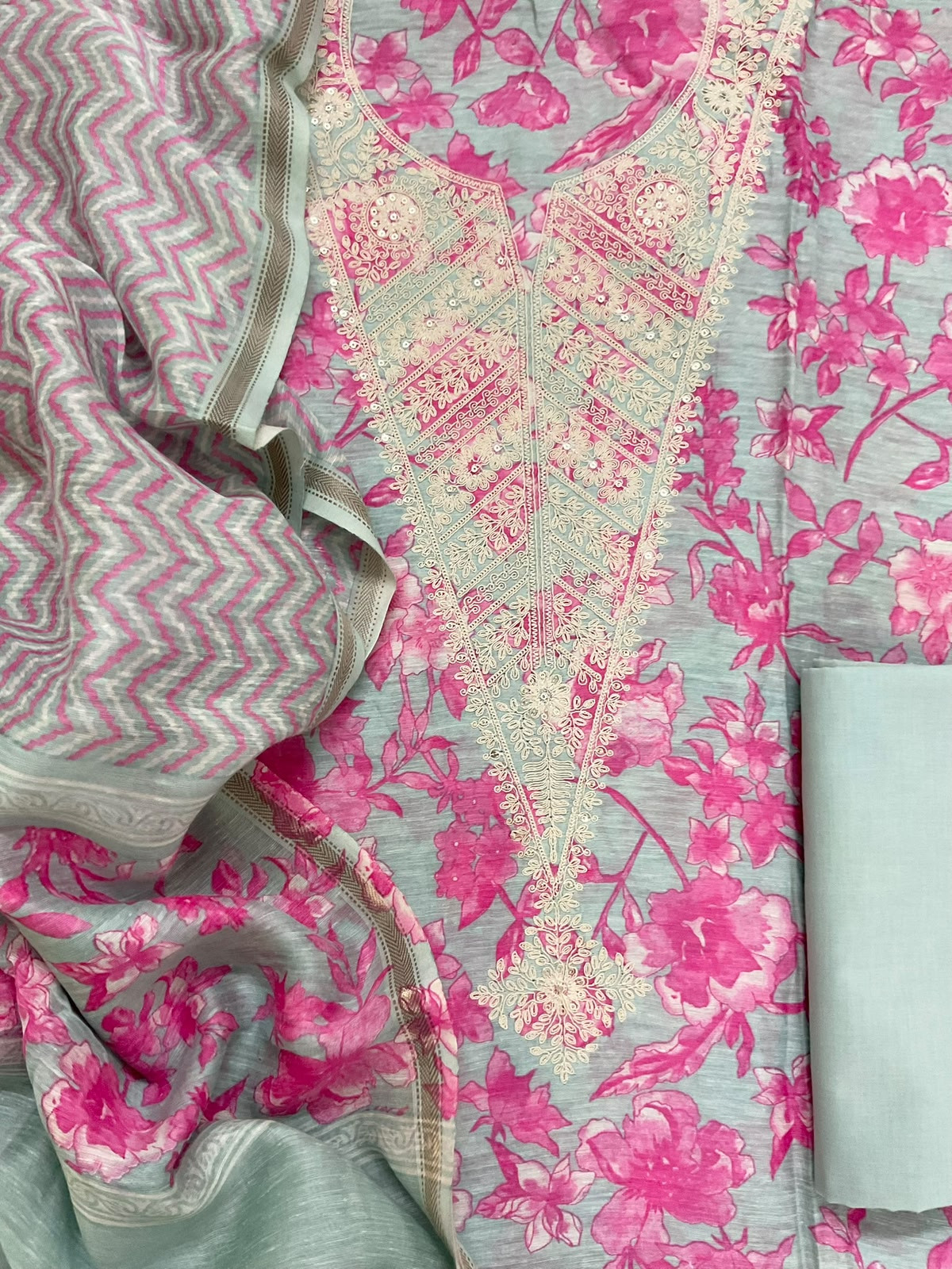 Pure Linen Chanderi Printed Embroidered Suit - Blue