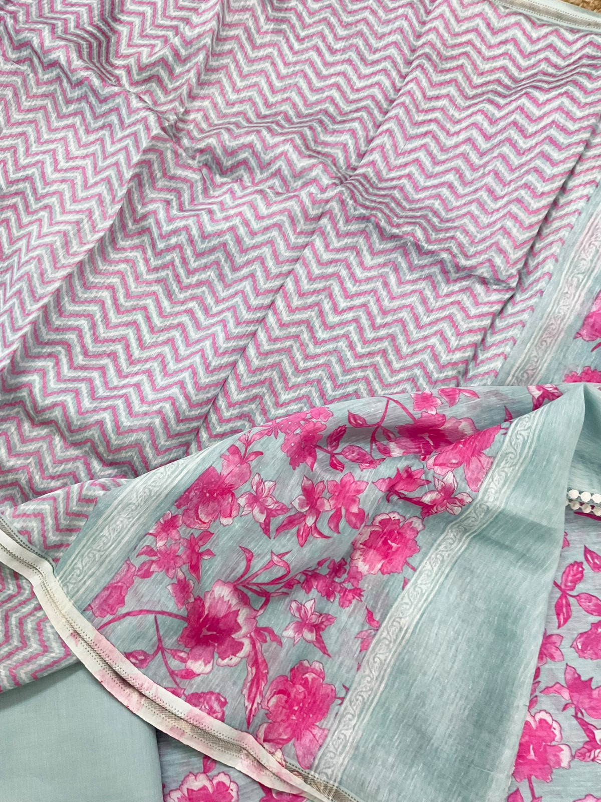 Pure Linen Chanderi Printed Embroidered Suit - Blue