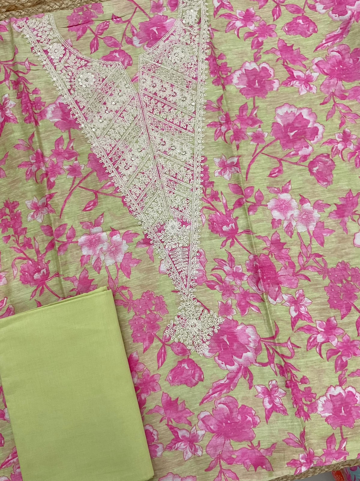 Pure Linen Chanderi Printed Embroidered Suit - Green