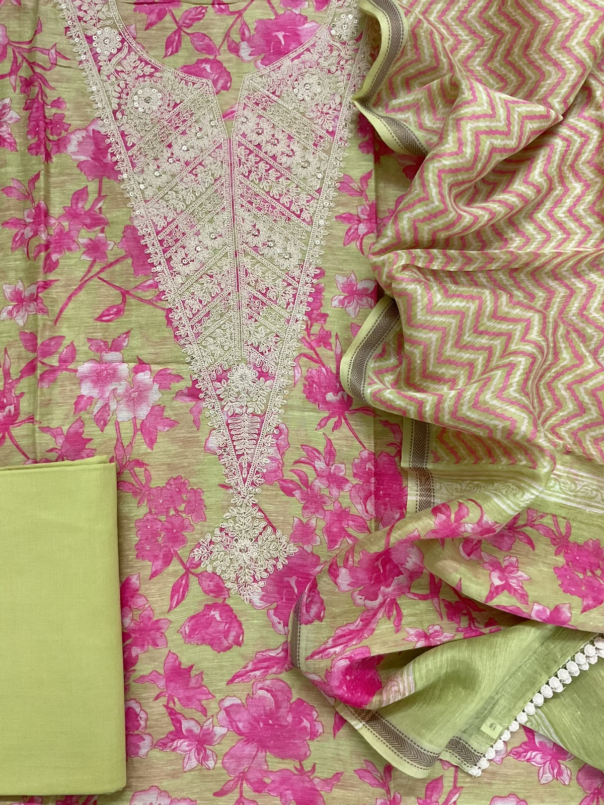 Pure Linen Chanderi Printed Embroidered Suit - Green