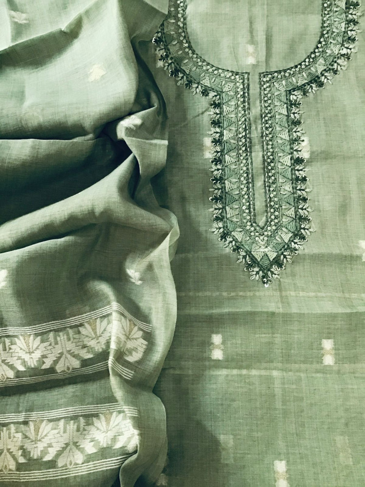 Image of Soft Slub Chanderi Jamdani Weaved Embroidered Suit - Green