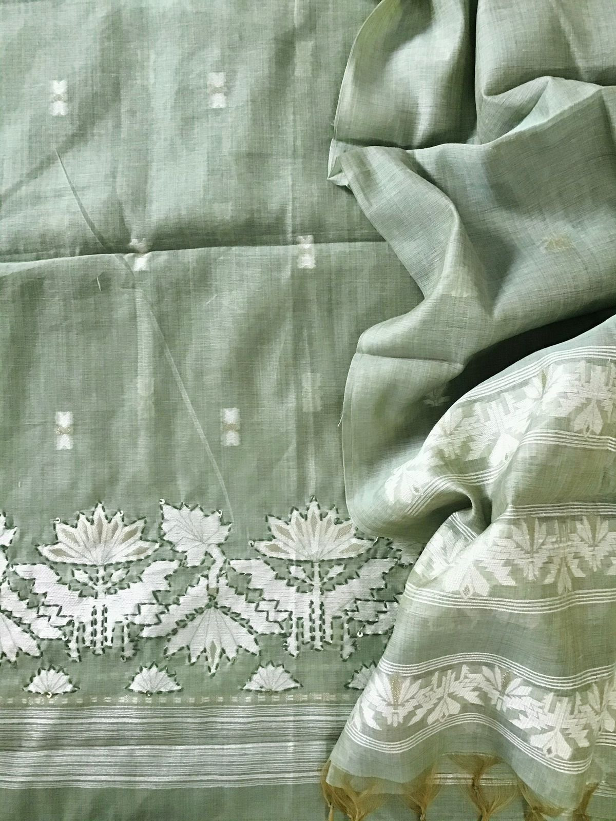 Soft Slub Chanderi Jamdani Weaved Embroidered Suit - Green