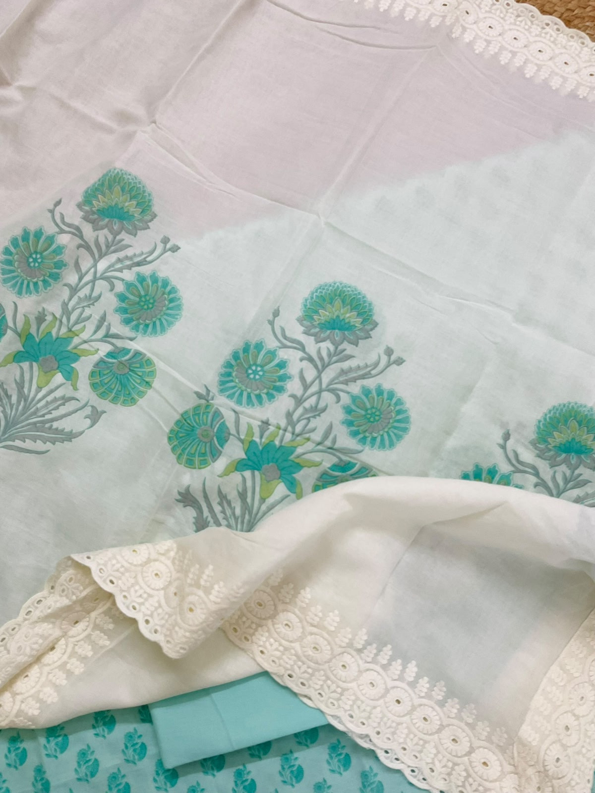 Pure Cotton Printed Embroidered Suit - Blue