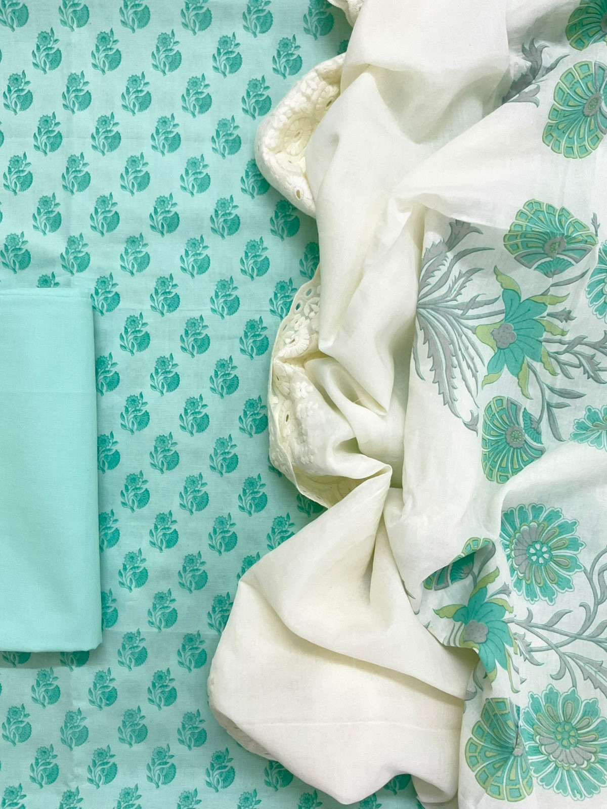 Pure Cotton Printed Embroidered Suit - Blue