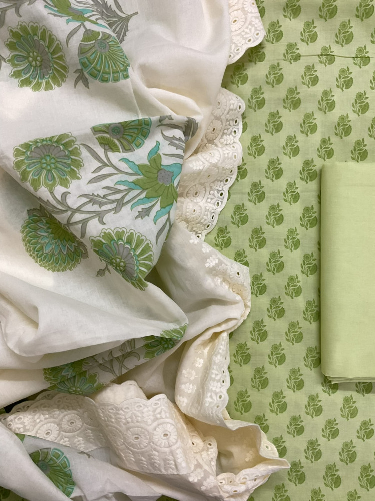 Image of Pure Cotton Printed Embroidered Suit - Green