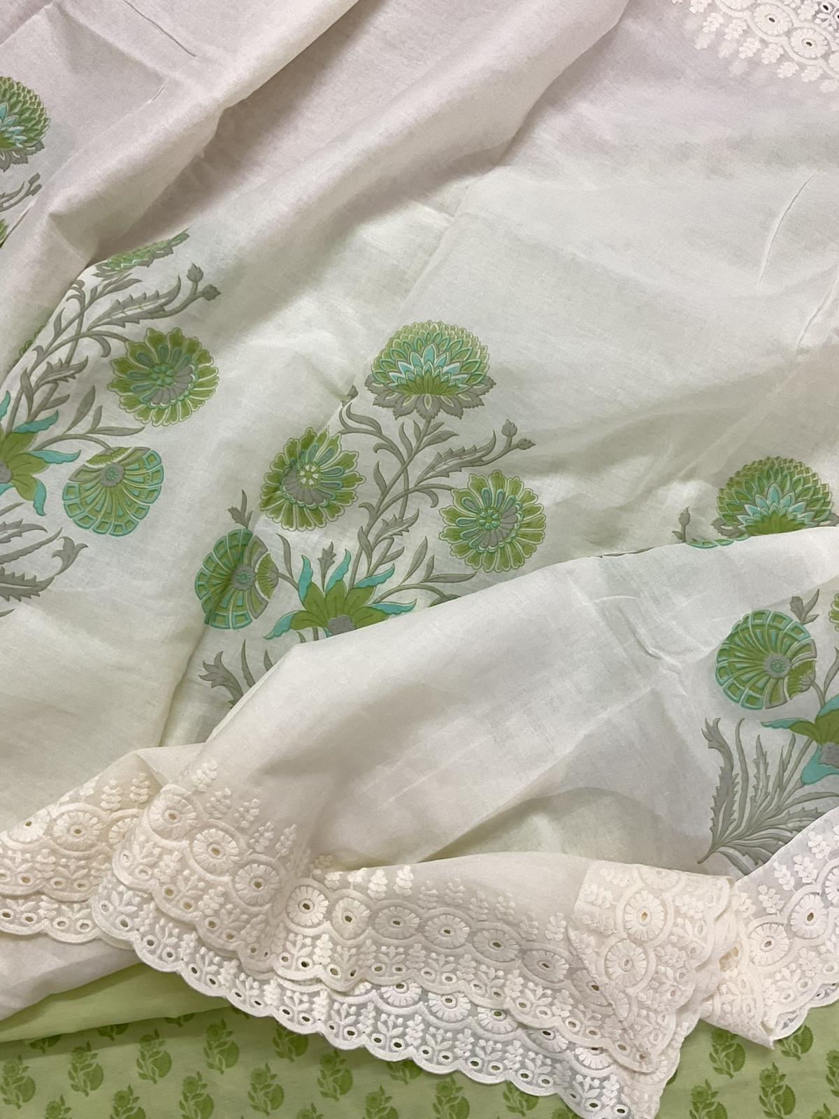 Pure Cotton Printed Embroidered Suit - Green