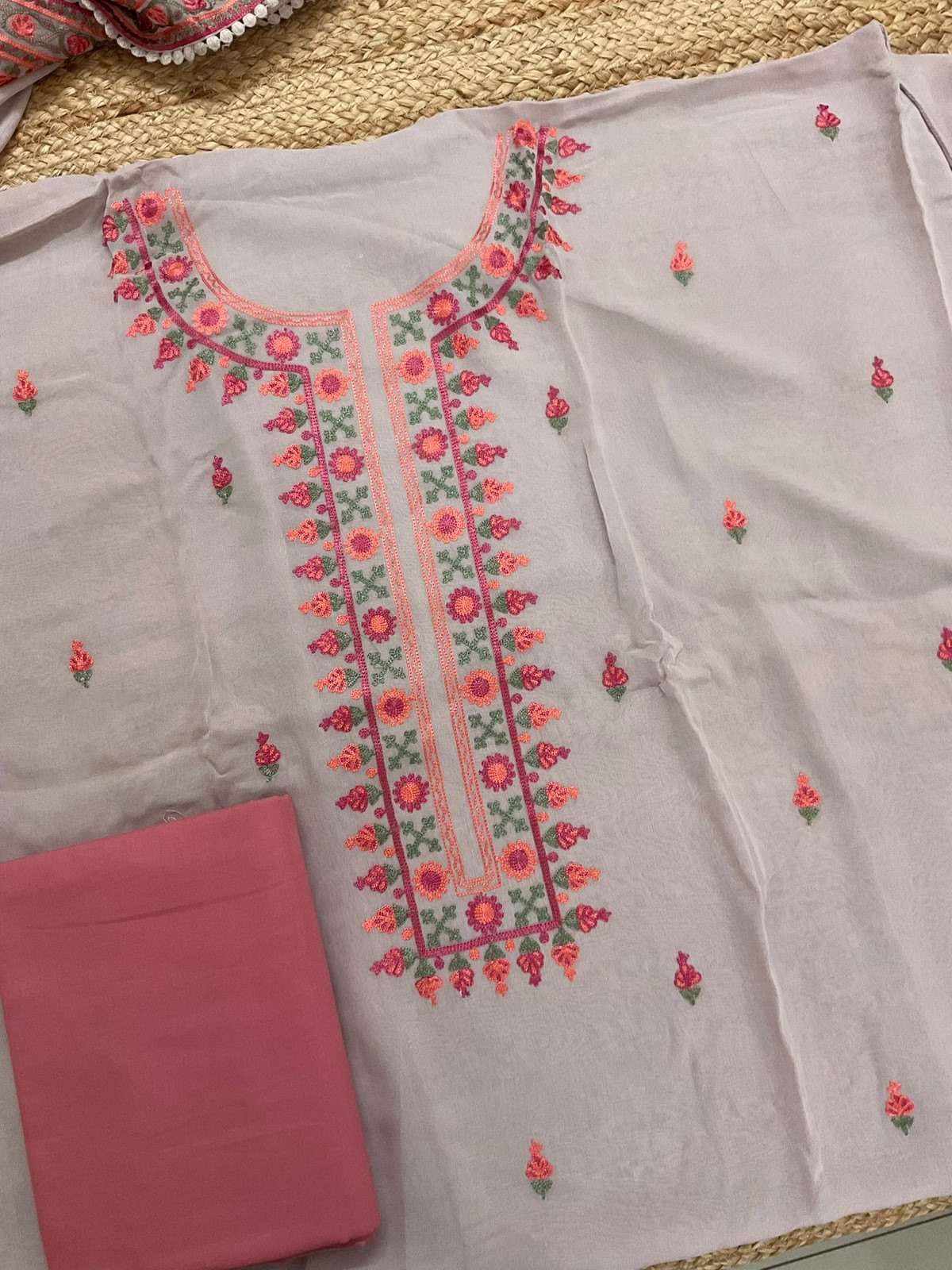 Pure Organza Embroidered Suit - Light Onion Pink