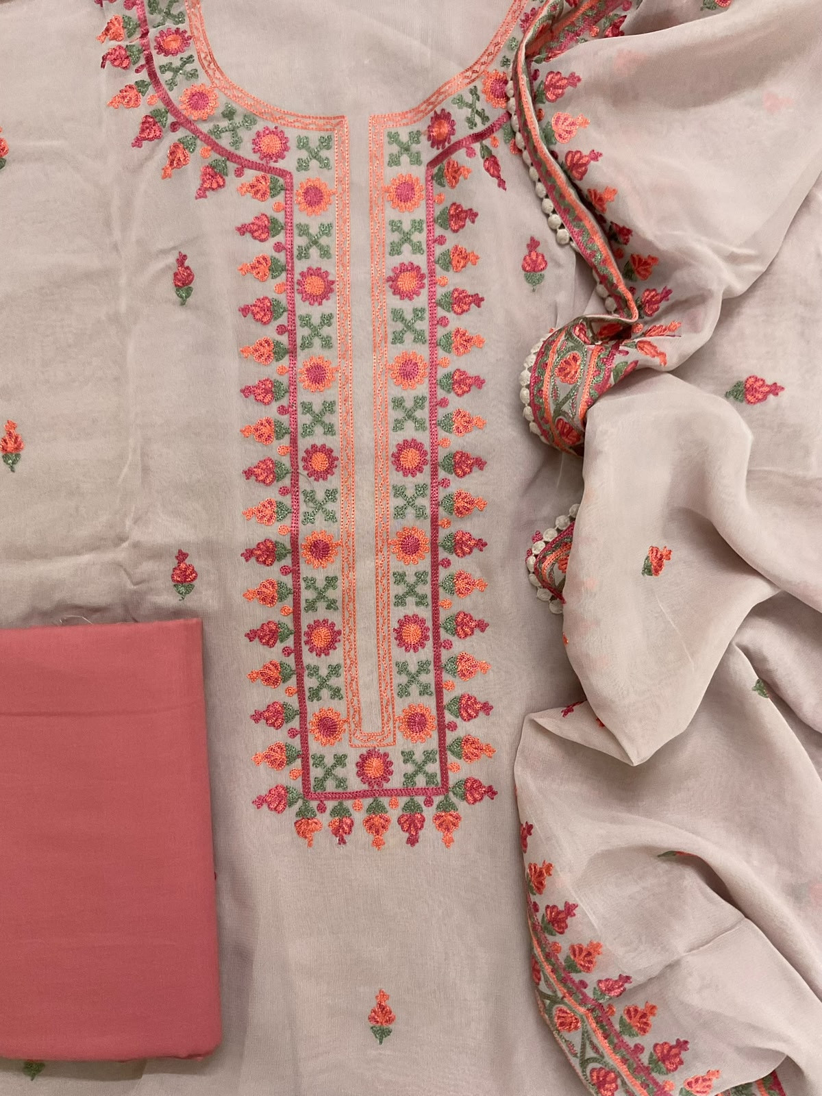 Pure Organza Embroidered Suit - Light Onion Pink
