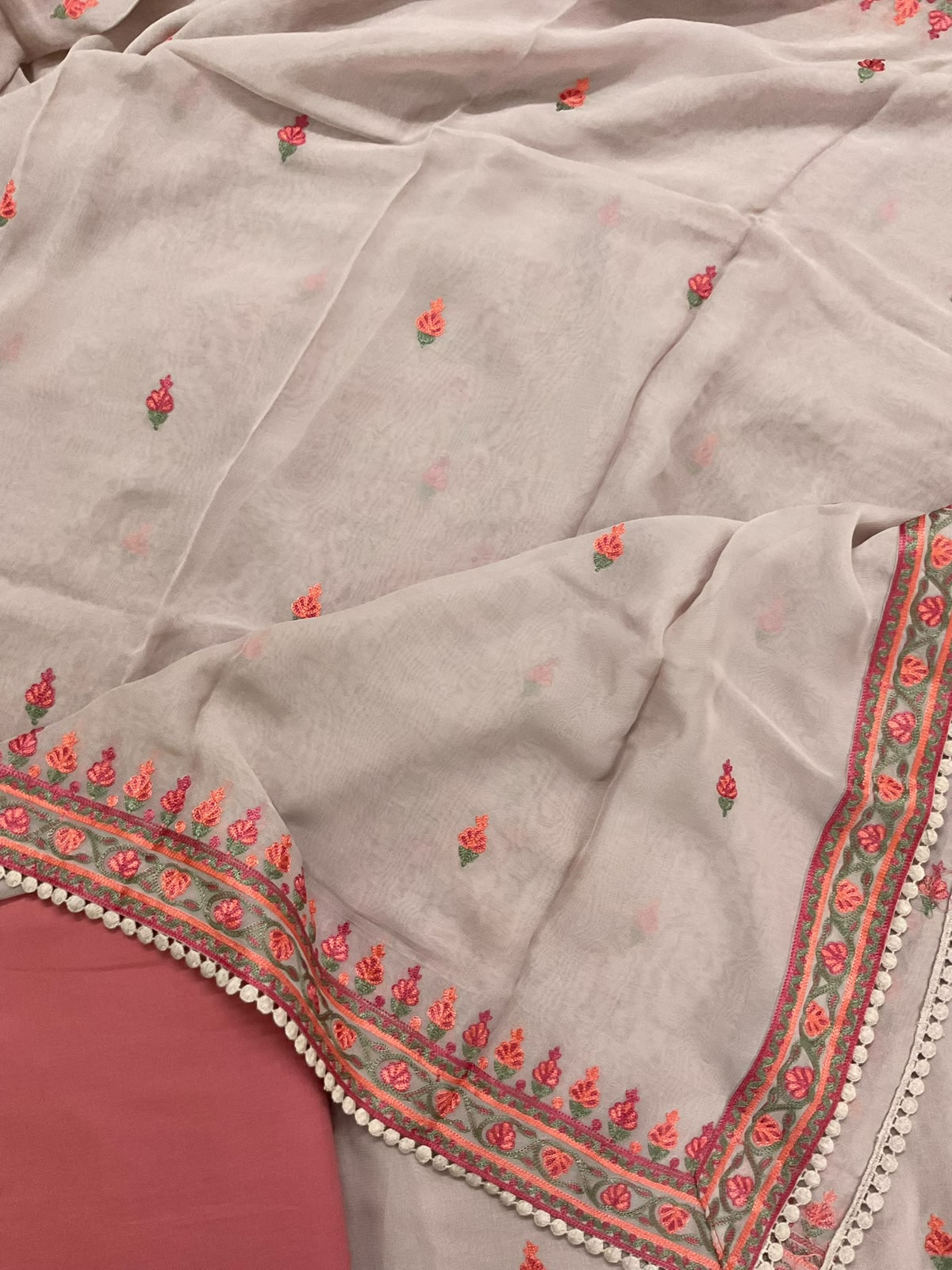 Pure Organza Embroidered Suit - Light Onion Pink