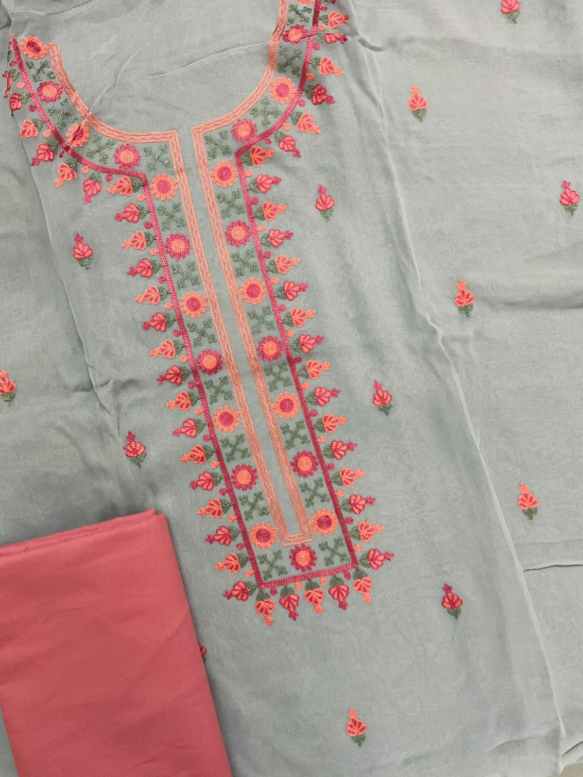 Pure Organza Embroidered Suit - Grey